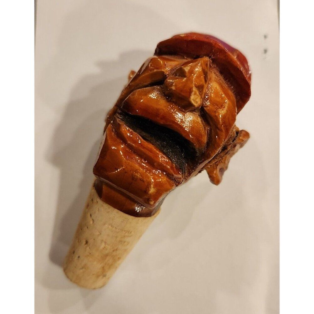 Vintage ANRI Hand Carved Bottle Stopper Wood Wine Cork Folk Art Painted Face Hat